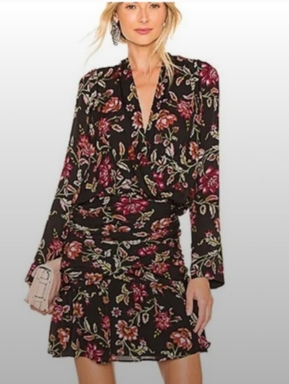 A.L.C SILK Black Floral V-Neck Long Sleeve Mini Dress